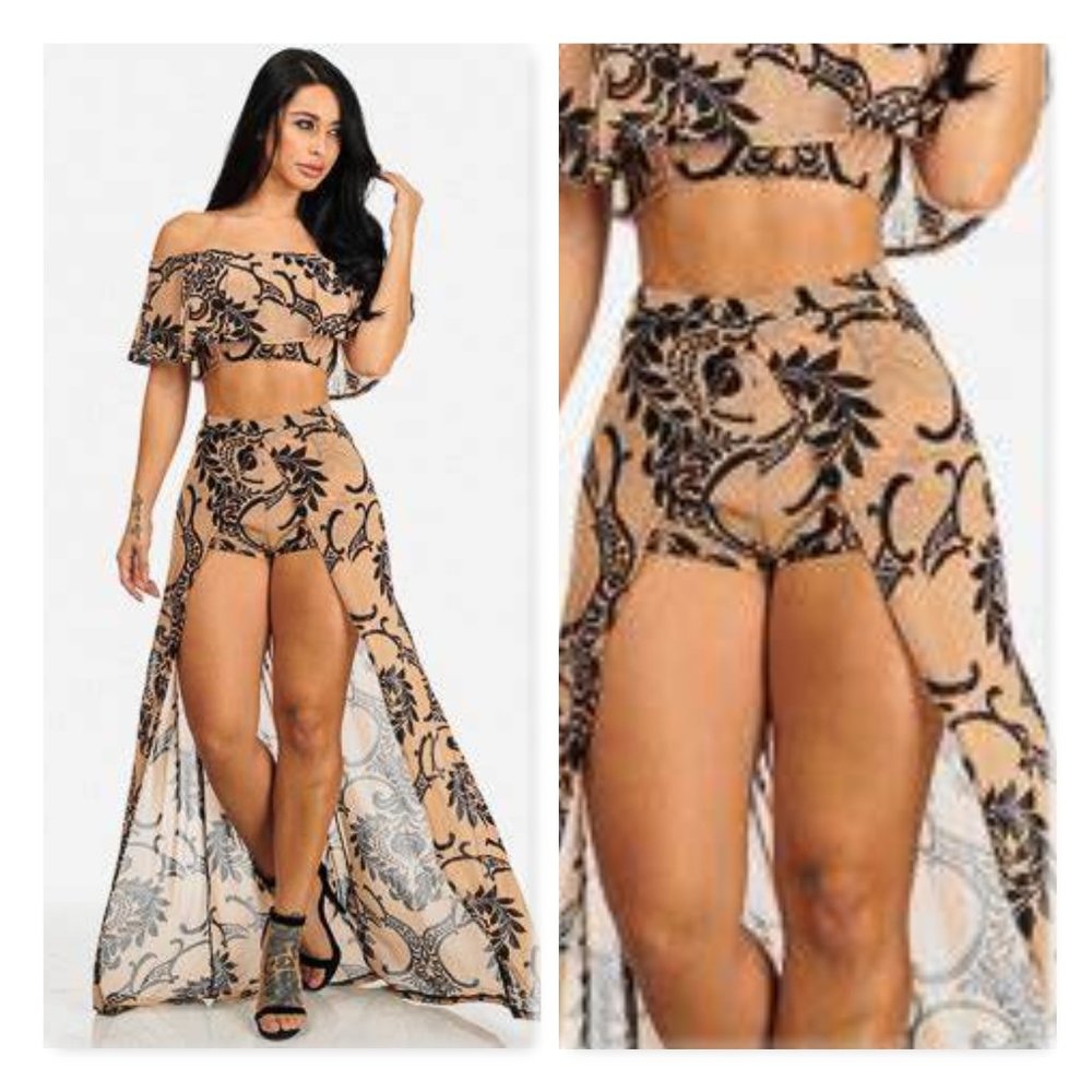 Chiffon Ruffle Crop Top and Long Skort Set